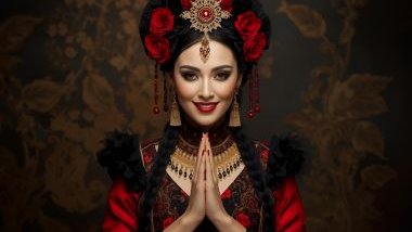 Imagem da Pombagira Rosa Negra da Umbanda. Ela usa roupas elegantes e envolventes, com cores como vermelho, preto e dourado, simbolizando proteção, força, sensualidade e poder feminino.