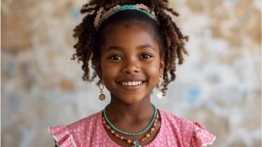 Imagem da Pombagira Menina da Umbanda. Ela usa roupas simples, coloridas e lúdicas, frequentemente em tons claros, rosa, azul e branco, representando pureza, leveza e proteção espiritual. Sua aparência é de uma figura infantil encantadora, com sorriso doc