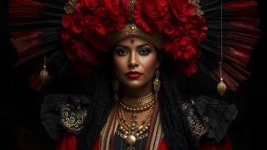 Imagem da pombagira Maria Quitéria da Umbanda. Ela usa roupas refinadas e intensas, muitas vezes em vermelho, preto e dourado, refletindo sua autoridade, elegância e energia protetora. 