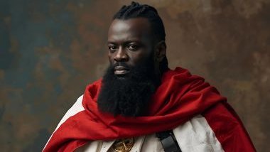 Imagem do Ogum Matinata que costuma ser representado como um cavaleiro firme e resoluto, com mantos nas cores vermelho e branco, transmitindo coragem, fé e disciplina. O olhar firme do Orixá reflete vigilância, segurança e presença de guardião.