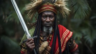 Imagem do ogum rompe-mato da umbanda. Ele é visto com trajes que lembram a firmeza e a resistência do guerreiro que atua na mata. Suas vestes variam entre tons de verde, vermelho e branco, simbolizando coragem, vitalidade e pureza de propósito.