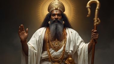 Imagem de Oduduá é tradicionalmente representado com vestes brancas, adornadas com detalhes em dourado ou prata, simbolizando pureza, luz e criação. Seu visual transmite solenidade, estabilidade e presença protetora. 