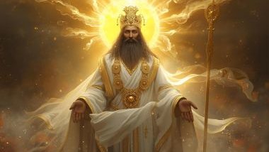 Imagem de Olofin que  é representado com vestes brancas e douradas, simbolizando sabedoria, luz e realeza espiritual. Sua imagem irradia serenidade e nobreza, refletindo a presença divina que orienta e sustenta o equilíbrio universal. 