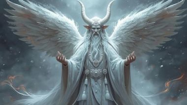 Imagem de Oxalufã que se veste inteiramente de branco, símbolo de pureza, paz e sabedoria. Carrega uma presença serena, transmitindo confiança e autoridade espiritual sem agressividade.