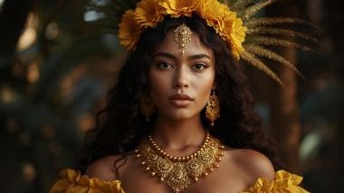 Imagem de Oxum Apará tradicionalmente representada com roupas que refletem sua juventude e graça, em tons de amarelo ou dourado, cores que simbolizam a luz. Complementa sua aparência com acessórios que evocam riqueza e delicadeza, como colares de contas d