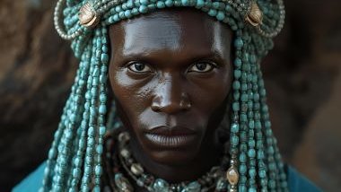 Imagem do Inlé, entidade ligada à Oxóssi que representa a força das águas serenas que limpam e curam, sem jamais perder sua profundidade e poder. Inlé é tradicionalmente representado com vestes em tons de azul-claro, verde e prateado. Costuma usar fios de