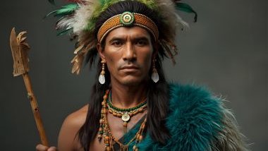 Imagem do Caboclo Pena Verde é tradicionalmente representado com roupas em tons de verde, azul e branco, cores que simbolizam a vida, o céu e a pureza espiritual. Usa adornos de penas e sementes, colares naturais carregando cajado ou bastão. Seu semblante