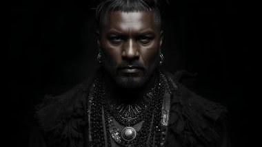 Imagem de Exu Pantera Negra representado com roupas negras e prateadas. Usa colares e adornos escuros, muitas vezes com detalhes metálicos. Sua figura transmite serenidade, domínio e respeito, como o olhar firme de uma pantera em alerta.