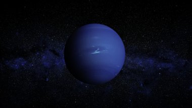 O planeta Netuno está no centro da imagem. Ao fundo, há o universo.