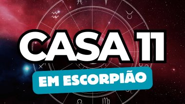 Há um escrito grande "CASA 11" no centro da imagem. Embaixo e um pouco menor, há um escrito "EM ESCORPIÃO". Ao fundo, há o universo e uma roda do zodíaco.