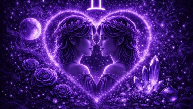 Ilustração do signo de Gêmeos com duas figuras femininas espelhadas ao centro, cercadas por um coração luminoso, rosas e cristais em tons intensos de roxo.