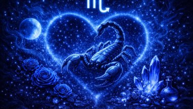 Ilustração em tons de azul com o símbolo de Escorpião, um escorpião ao centro dentro de um coração luminoso, cercado por estrelas, lua, rosas e cristais.