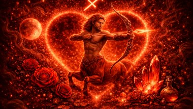 Ilustração em tons de vermelho com o símbolo de Sagitário, um centauro arqueiro ao centro dentro de um coração luminoso, cercado por estrelas, planeta, rosas e cristais.