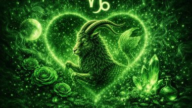 Ilustração em tons de verde com o símbolo de Capricórnio, uma cabra-marinha ao centro dentro de um coração luminoso, cercada por estrelas, lua, rosas e cristais.