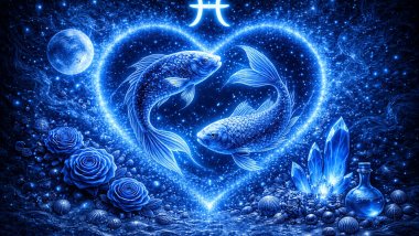 Ilustração em tons de azul com o símbolo de Peixes, dois peixes ao centro dentro de um coração luminoso, cercados por estrelas, lua, rosas e cristais.