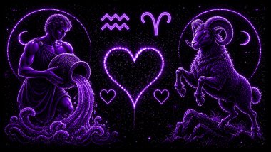 Ilustração em tons de roxo de um homem segurando um jarro com água (símbolo de Aquário) e um carneiro (símbolo de Áries), frente a frente, com um coração ao centro, representando a combinação amorosa entre eles.