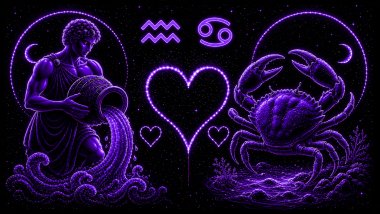 Ilustração em tons de roxo de um homem segurando um jarro com água (símbolo de Aquário) e um caranguejo (símbolo de Câncer), frente a frente, com um coração ao centro, representando a combinação amorosa entre eles.