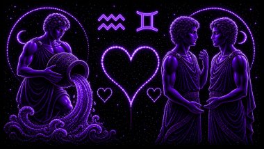 Ilustração em tons de roxo de um homem segurando um jarro com água (símbolo de Aquário) e dois homens idênticos (símbolo de Gêmeos), frente a frente, com um coração ao centro, representando a combinação amorosa entre eles.