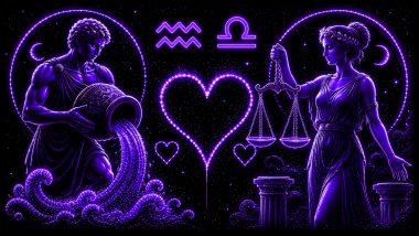 Ilustração em tons de roxo de um homem segurando um jarro com água (símbolo de Aquário) e uma mulher segurando uma balança (símbolo de Libra), frente a frente, com um coração ao centro, representando a combinação amorosa entre eles.