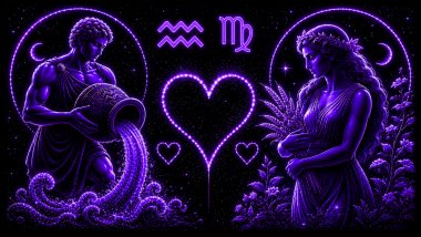 Ilustração em tons de roxo de um homem segurando um jarro com água (símbolo de Aquário), a letra M estilizada e uma mulher (símbolo de Virgem), frente a frente, com um coração ao centro, representando a combinação amorosa entre eles.