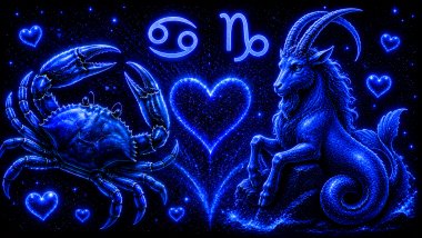 Ilustração em tons de azul com um caranguejo (símbolo de Câncer) e um carneiro (símbolo de Capricórnio) frente a frente, com um coração ao centro, representando a combinação amorosa entre eles.