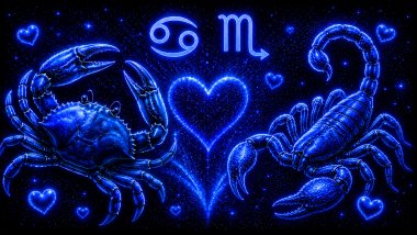 Ilustração em tons de azul com um caranguejo (símbolo de Câncer) e um M estilizado ao lado de um escorpião (símbolo de Escorpião), frente a frente, com um coração ao centro, representando a combinação amorosa entre eles do mesmo signo.