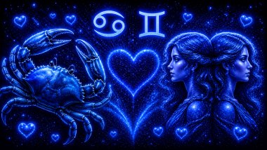 Ilustração em tons de azul com um caranguejo (símbolo de Câncer) e duas mulheres iguais (símbolo de Gêmeos) frente a frente, com um coração ao centro, representando a combinação amorosa entre eles
