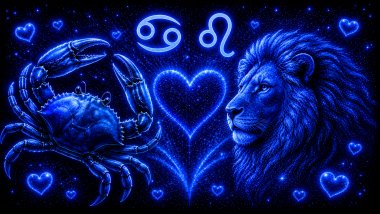 Ilustração em tons de azul com um caranguejo (símbolo de Câncer) e um leão (símbolo de Leão), frente a frente, com um coração ao centro, representando a combinação amorosa entre eles do mesmo signo.