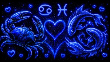 Ilustração em tons de azul com um caranguejo (símbolo de Câncer) e dois peixes (símbolo de Peixes) frente a frente, com um coração ao centro, representando a combinação amorosa entre eles
