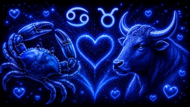 Ilustração em tons de azul com um caranguejo (símbolo de Câncer) e um touro (símbolo de Touro) frente a frente, com um coração ao centro, representando a combinação amorosa entre eles