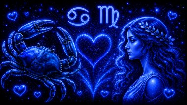 Ilustração em tons de azul com um caranguejo (símbolo de Câncer) e uma mulher e a letra M estilizada (símbolo de Virgem), frente a frente, com um coração ao centro, representando a combinação amorosa entre eles do mesmo signo.