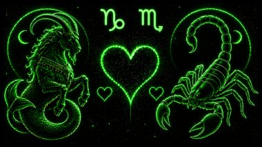 Ilustração em tons de verde de uma cabra-marinha (símbolo de Capricórnio), a letra M estilizada e um escorpião, (símbolo de Escorpião) frente a frente, com um coração ao centro, representando a combinação amorosa entre eles.