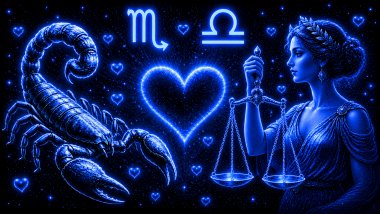 Ilustração em tons de azul de um escorpião (símbolo de Escorpião) e uma mulher segurando uma balança (símbolo de Libra) frente a frente, com um coração ao centro, representando a combinação amorosa entre eles.
