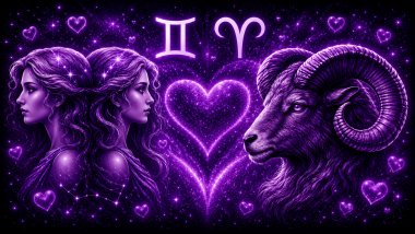 Ilustração em tons de roxo com duas mulheres iguais (símbolo de gêmeos) e dois carneiros (símbolo de Áries) frente a frente, com um coração ao centro, representando a combinação amorosa entre eles