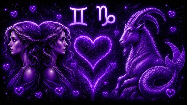 Ilustração em tons de roxo com duas mulheres iguais (símbolo de gêmeos) e um carneiro (símbolo de capricórnio) frente a frente, com um coração ao centro, representando a combinação amorosa entre eles