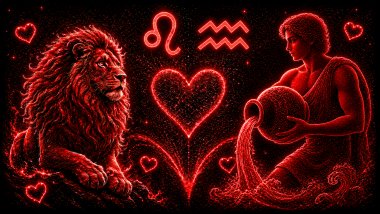 Ilustração em tons de vermelho com um leão (símbolo de Leão) e um homem segurando um vaso com água e duas linhas acima (símbolo de Aquário), frente a frente, com um coração ao centro, representando a combinação amorosa entre eles.
