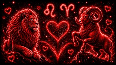 Ilustração em tons de vermelho com um leão (símbolo de Leão) e um carneiro (símbolo de Áries) frente a frente, com um coração ao centro, representando a combinação amorosa entre eles