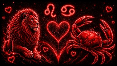 Ilustração em tons de vermelho com um leão (símbolo de Leão) e um caranguejo (símbolo de Câncer) frente a frente, com um coração ao centro, representando a combinação amorosa entre eles.