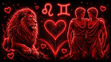 Ilustração em tons de vermelho com um leão (símbolo de Leão) e dois homens iguais (símbolo de Gêmeos) frente a frente, com um coração ao centro, representando a combinação amorosa entre eles.