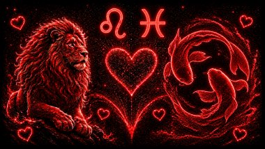 Ilustração em tons de vermelho com um leão (símbolo de Leão) e dois peixes (símbolo de Peixes), frente a frente, com um coração ao centro, representando a combinação amorosa entre eles.