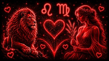 Ilustração em tons de vermelho com um leão (símbolo de Leão) e uma mulher e a letra M estilizada (símbolo de Virgem), frente a frente, com um coração ao centro, representando a combinação amorosa entre eles.
