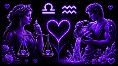 Ilustração em tons de roxo com uma mulher segurando uma balança (símbolo de Libra) e um homem segurando um vaso com água (símbolo de Aquário), frente a frente, com um coração ao centro, representando a combinação amorosa entre eles.