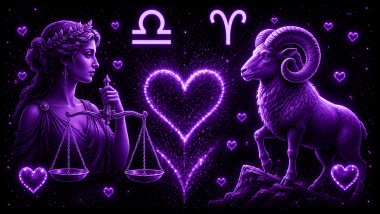 Ilustração em tons de roxo com uma mulher segurando uma balança (símbolo de Libra) e um carneiro (símbolo de Áries) frente a frente, com um coração ao centro, representando a combinação amorosa entre eles.
