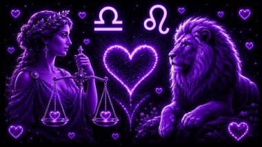 Ilustração em tons de roxo com uma mulher segurando uma balança (símbolo de Libra) e um leão (símbolo de Leão) frente a frente, com um coração ao centro, representando a combinação amorosa entre eles.