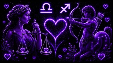 Ilustração em tons de roxo com uma mulher segurando uma balança (símbolo de Libra) e um homem segurando um arco e flecha, (símbolo de Sagitário) frente a frente, com um coração ao centro, representando a combinação amorosa entre eles.