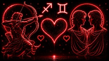Ilustração em tons de vermelho de um homem com um arco e flecha nas mãos (símbolo de Sagitário) e duas pessoas iguais (símbolo de Gêmeos), frente a frente, com um coração ao centro, representando a combinação amorosa entre eles.