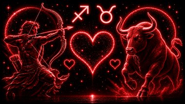 Ilustração em tons de vermelho de um homem com um arco e flecha nas mãos (símbolo de Sagitário) e um touro (símbolo de Touro), frente a frente, com um coração ao centro, representando a combinação amorosa entre eles.
