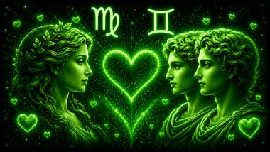 Ilustração em tons de verde com o rosto de uma mulher e a letra M estilizada (símbolo de Virgem) e dois rostos iguais (símbolo de Gêmeos) frente a frente, com um coração ao centro, representando a combinação amorosa entre eles.