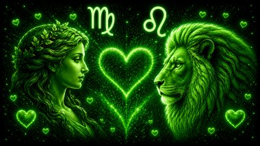 Ilustração em tons de verde com o rosto de uma mulher e a letra M estilizada (símbolo de Virgem) e um leão (símbolo de Leão) frente a frente, com um coração ao centro, representando a combinação amorosa entre eles.