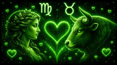 Ilustração em tons de verde com o rosto de uma mulher e a letra M estilizada (símbolo de Virgem) e um touro (símbolo de Touro) frente a frente, com um coração ao centro, representando a combinação amorosa entre eles.